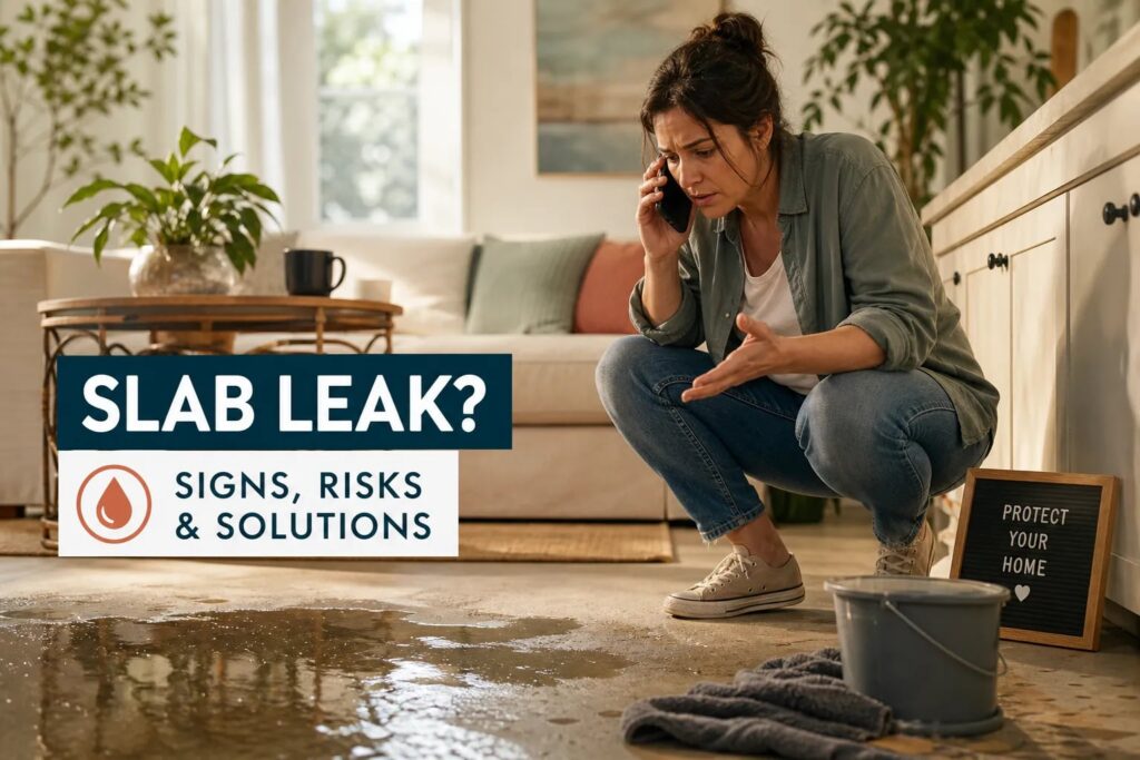 Homeowner on the phone looking at water on the floor, with the words Slab Leak? Signs, Risks and Solutions