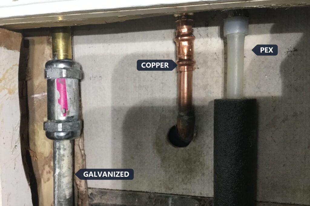 Galvanized, copper, and PEX water lines side by side, labeled