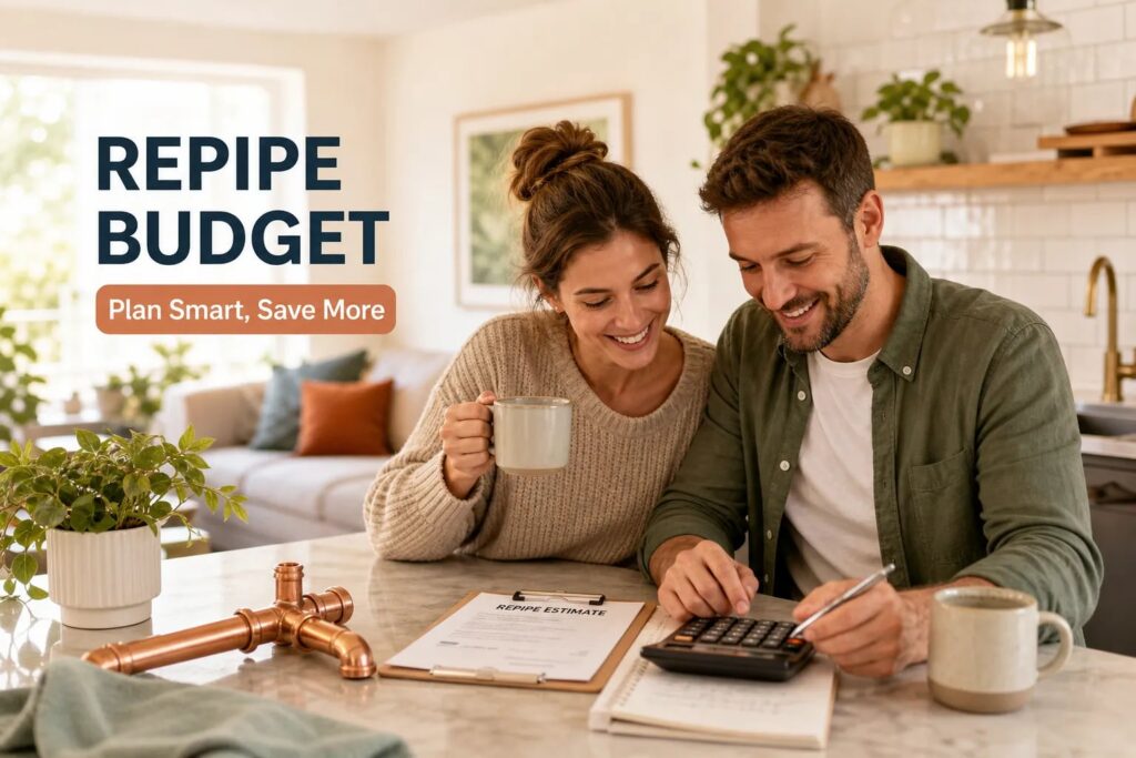 A couple reviewing a repipe estimate with a calculator at their kitchen table.